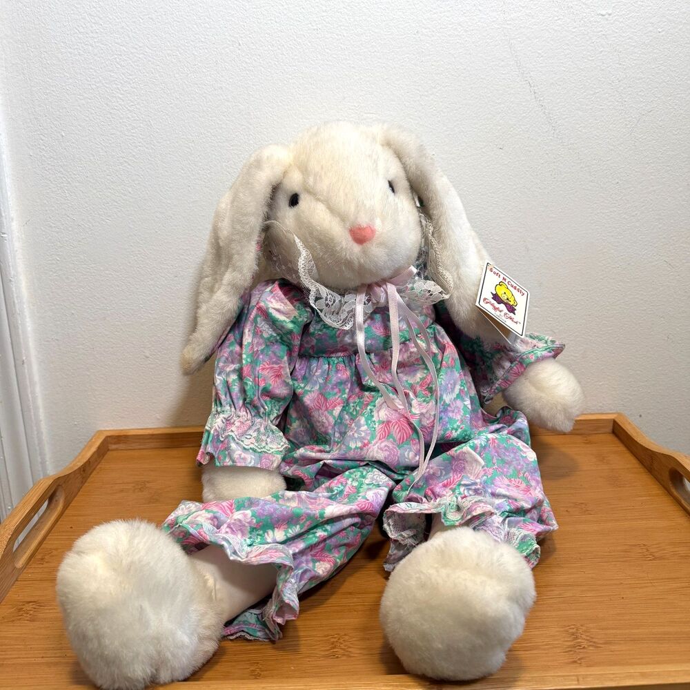 Vintage 1988 Chrisha Playful Plush Bunny Rabbit Floral Dress w/ Tags 22"